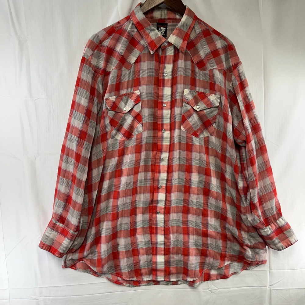 Karman Western Pearl Snap Shirt Mens XL Red Plaid Long Sleeve Vintage